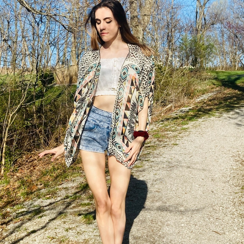 Aztec Print Boho Hippie Kimono Duster Shaw - Picture 2 of 11